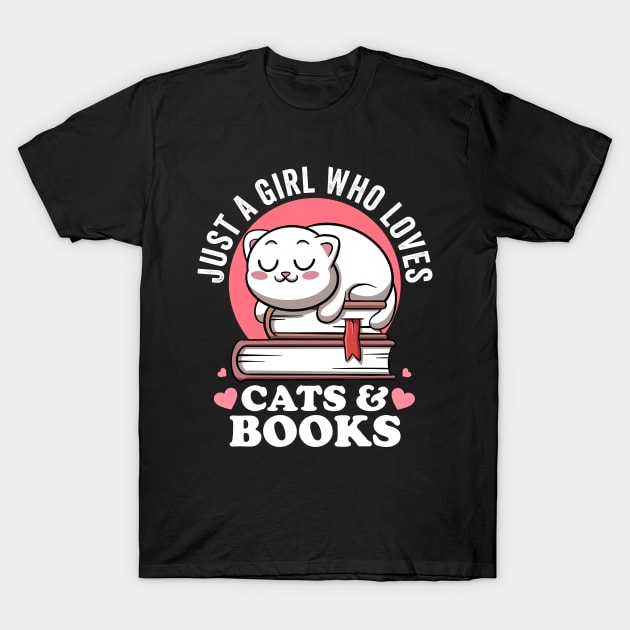 Just a Girl Who Loves Cats And Books Avid Reader Bookworm T-Shirt by MerchBeastStudio